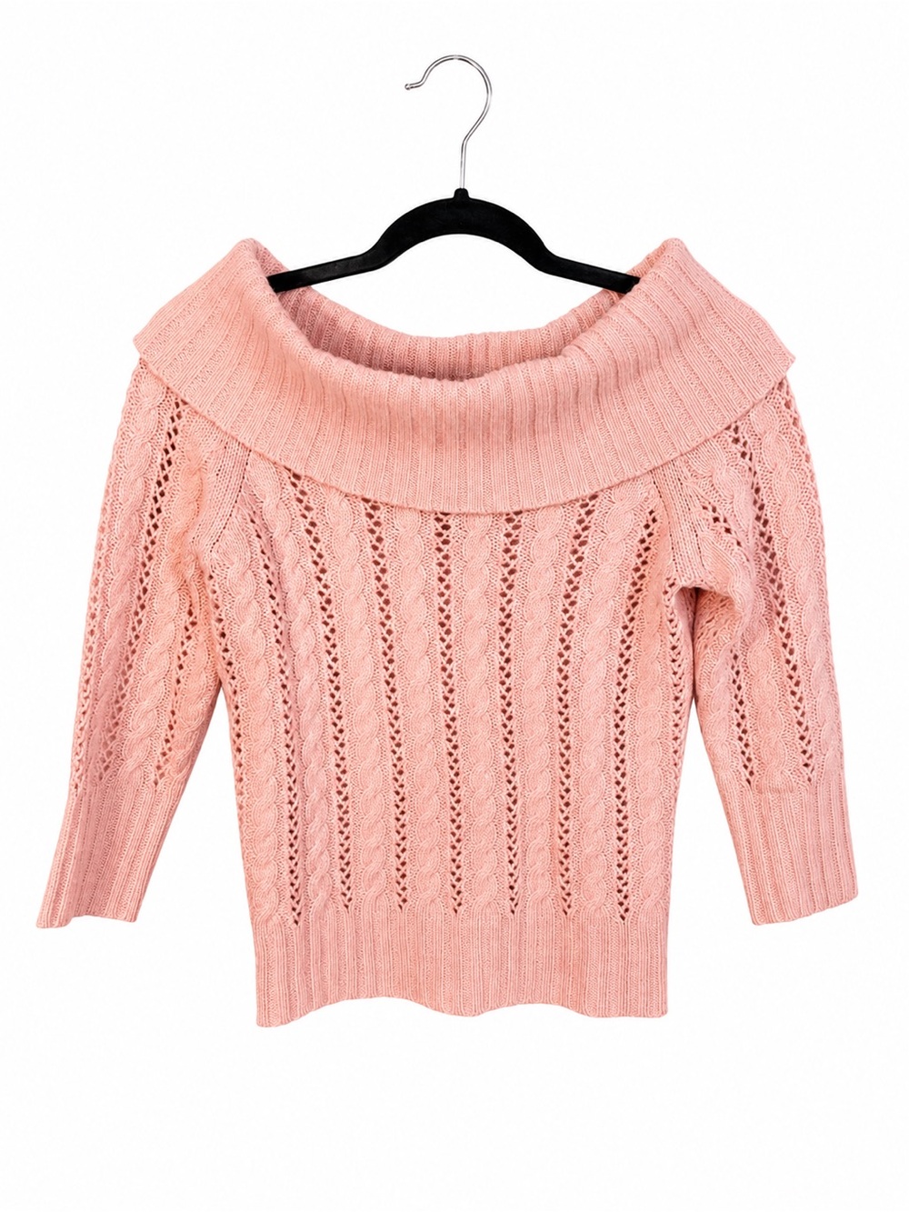Vintage Y2K Express Pink Angora Cashmere Off Shoulder Cable Knit Sweater